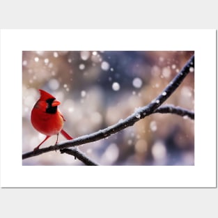 Cute little red bird on a branch at winter Posters and Art